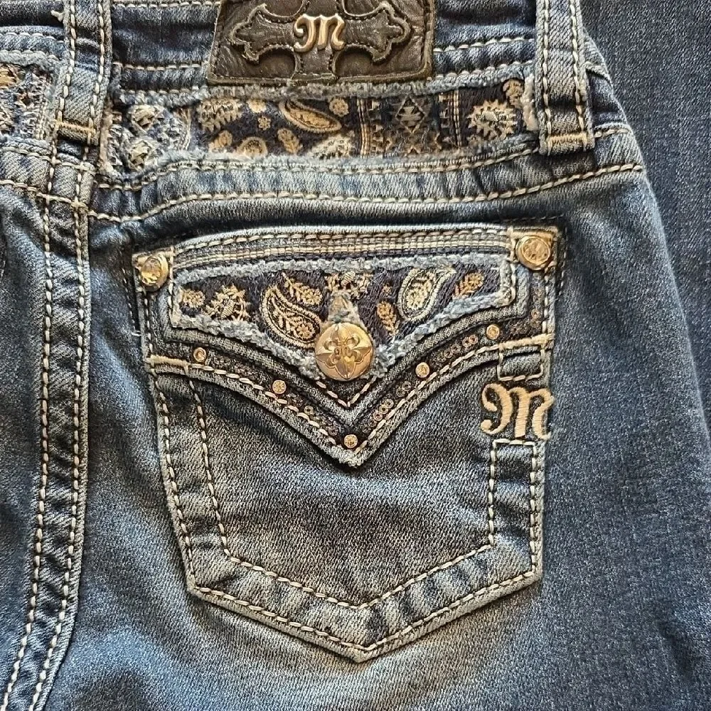 Miss Me Dark Blue Boot Cut Jeans with Embellished Pockets